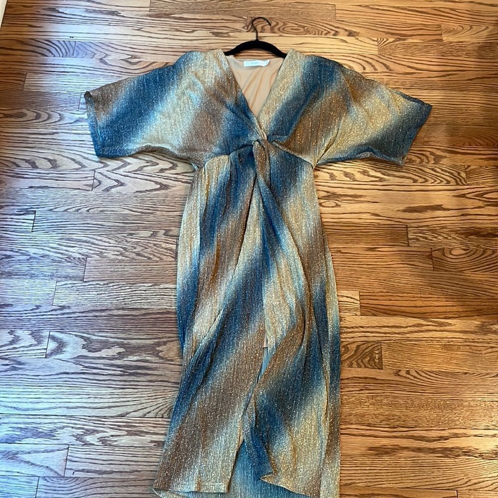 Lush sparkly gold tan blue gray wrap dress